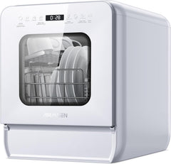 AIRMSEN Tischgeschirrspüler Mini Geschirrspüler mit wassertank klarspüler spülmaschine mit 9 Programme 37 * 50cm Ultra-Schmal & Tief, 1-24H Timer, 360° Doppelspray Schlauch-/Schlauchlos Weiß (Weiß)
