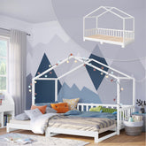 Bellabino Kinderbett Bia 140x200 cm, Hausbett Kinder inkl. Rausfallschutz und Rolllattenrost, Montessori Bodenbett weiß aus Massivholz Kiefer