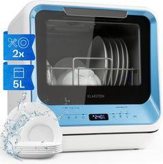 Klarstein ia Mini Geschirrspüler, Spülmaschine mit Platz für 2 Maßgedecke, 6 Programme, 5 L Wasser benötigt, LED-Display, Touch, Tischgeschirrspüler inkl. Zubehör, schwarz