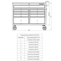 46 Zoll B x 24 Zoll T, tiefer Werkzeugkasten mit 9 Schubladen, glänzend schwarz, mobile Werkbank