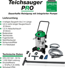 Wagner Green Teichsauger PRO VA | Non-Stop saugen | komplett Teichschlammsauger für die Reinigung für Gartenteich Schwimmteich Fischteich Pool und Haus