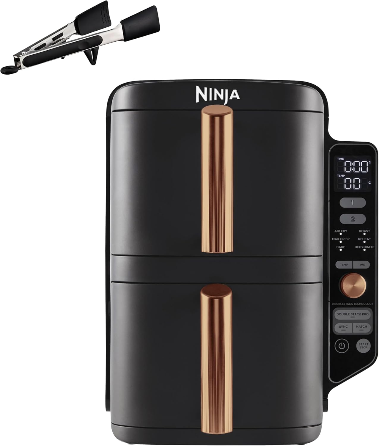 Ninja Heißluftfritteuse MAX PRO, 6,2 L, ölfrei, große Schublade, Rösten, Backen, Air Fry, Antihaftbeschichtet, Spülmaschinenfester Korb & Crisper Gittereinsatz, Silikonzange, Schwarz/Kupfer, AF180EUCP