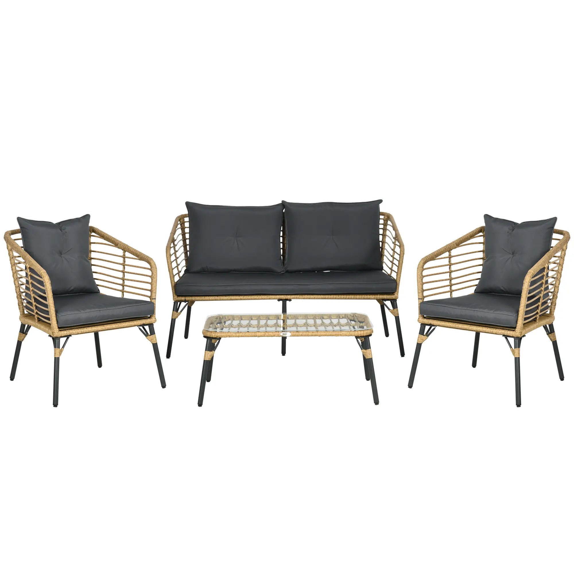 Outsunny Polyrattan Gartensofa-Set 4-tlg. Boho-Stil Glas-Couchtisch