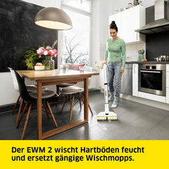 Krcher Elektrischer Wischmopp EWM 2, kabelloser Bodenreiniger mit 2 rotierenden Mikrofaserwalzen, Akkulaufzeit: ca. 20 min, Flchenleistung pro Akkuladung: ca. 60 m, Wei