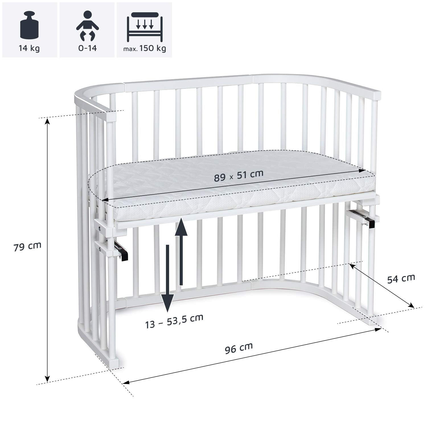 babybay Original Beistellbett aus massivem Buchenholz / kompakt & verwandelbar / Kinderbett Höhe stufenlos verstellbar & umweltfreundlich / mitwachsendes Babybett (weiß lackiert) / inkl. Matratze
