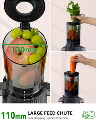 ACOQOOS Entsafter, Entsafter Gemüse und Obst with 110MM Einfüllffnung, Leicht zu Reinigen Slow Juicer Machine with 2 Cups Schwarz