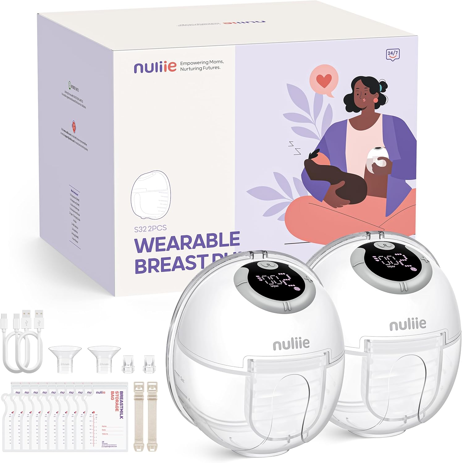 Nuliie Milchpumpe Elektrisch tragbare S32, Elektrische milchpumpe freihändig 4 Modi 9 Stufen mit 18/21/24 mm komfortabler Flansch, Privat, mit Ersatzzubehör im Lieferumfang (2Packs, Weiß)