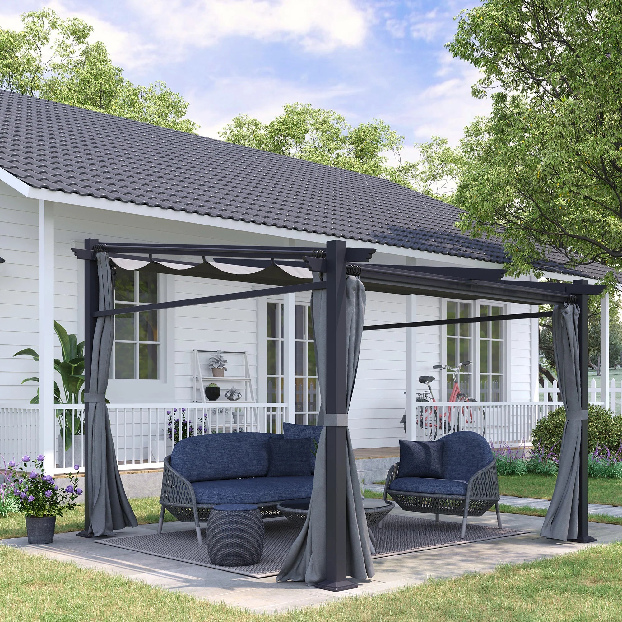 Outsunny Pergola mit ausziehbarem Dach Seilzugsystem