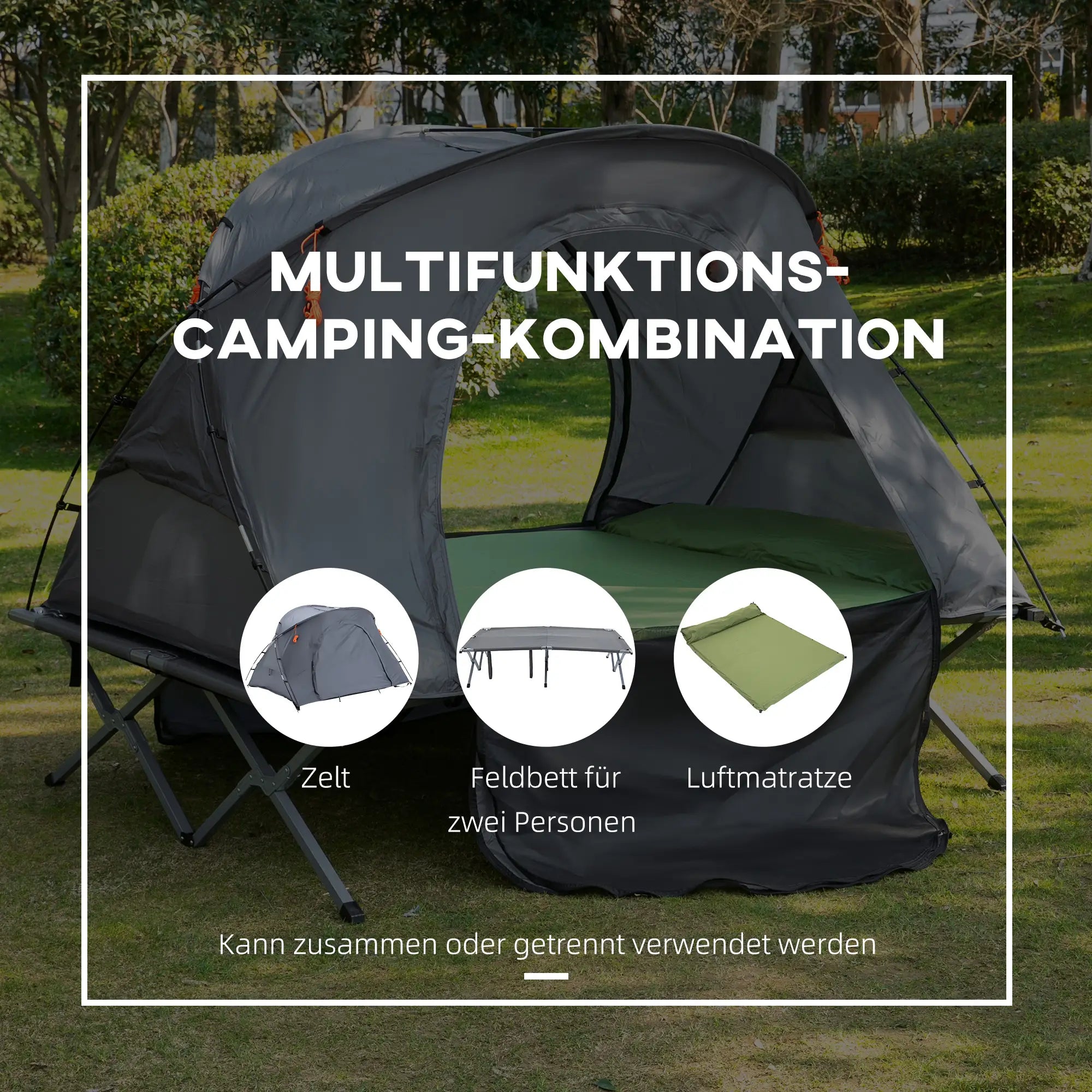 Outsunny Campingbett mit Zelt & Luftmatratze für 2 Personen, 200×146×159 cm, Grau