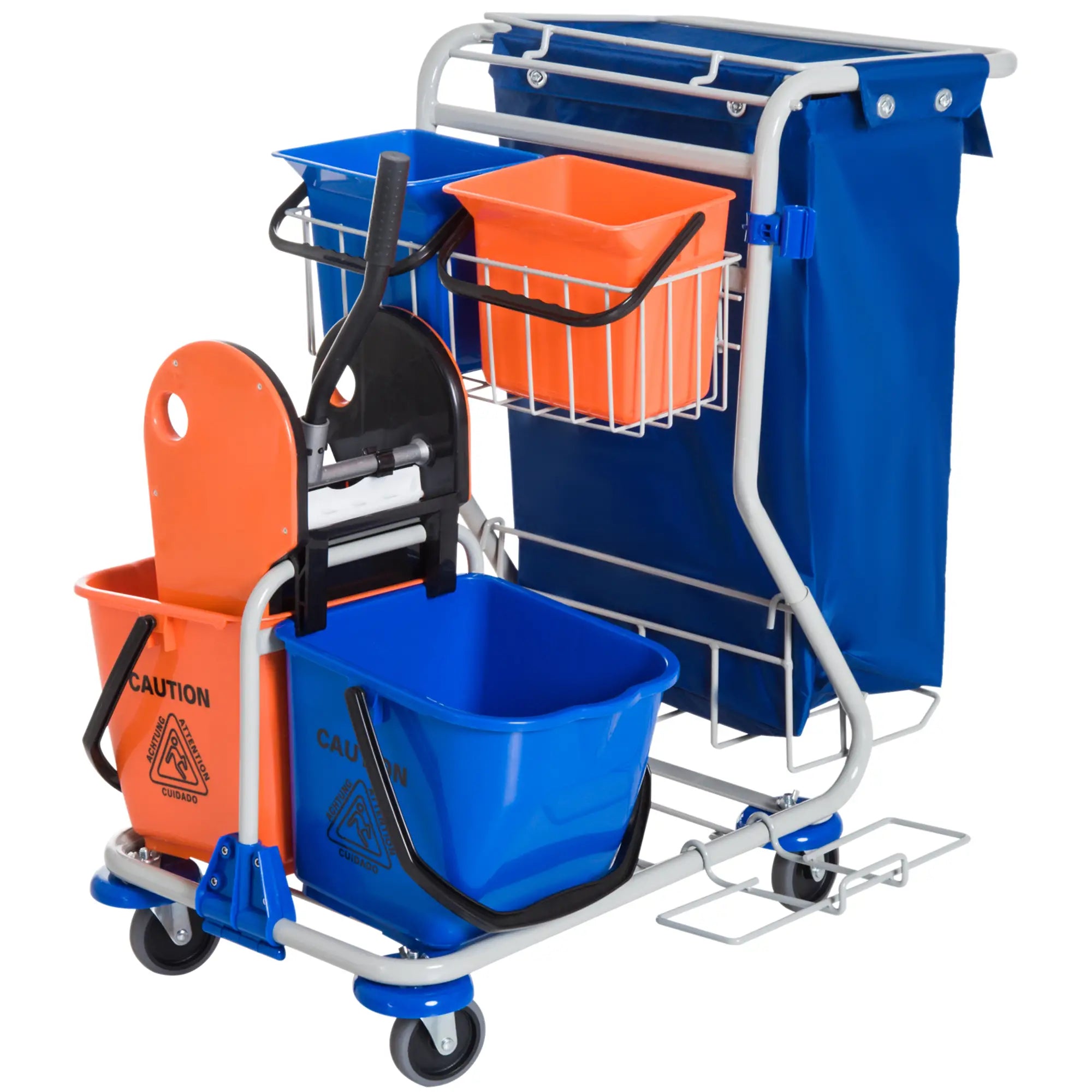HOMCOM Reinigungswagen Putzwagen 4 Eimer Mopp-Presse Abfallsack