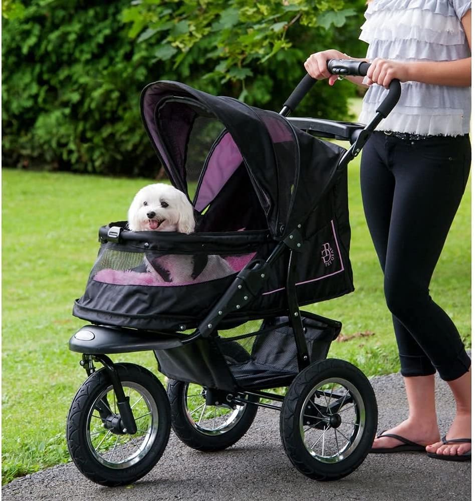 No-Zip NV Haustier-Buggy für Katzen/Hunde, Einstieg ohne Reißverschluss, einfaches Zusammenklappen mit einer Hand, Reifen mit Gelfüllung, Plüschpolster + Wetterschutz inklusive, 3 Farben
