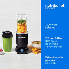 Nutribullet Pro 1200, Elektrischer Mixer, Zerkleinerer, Smoothie Mixer, Multifunktionsmixer, 1200w Leistung, 700ml und 900ml Glser, schwarz, NB120MB