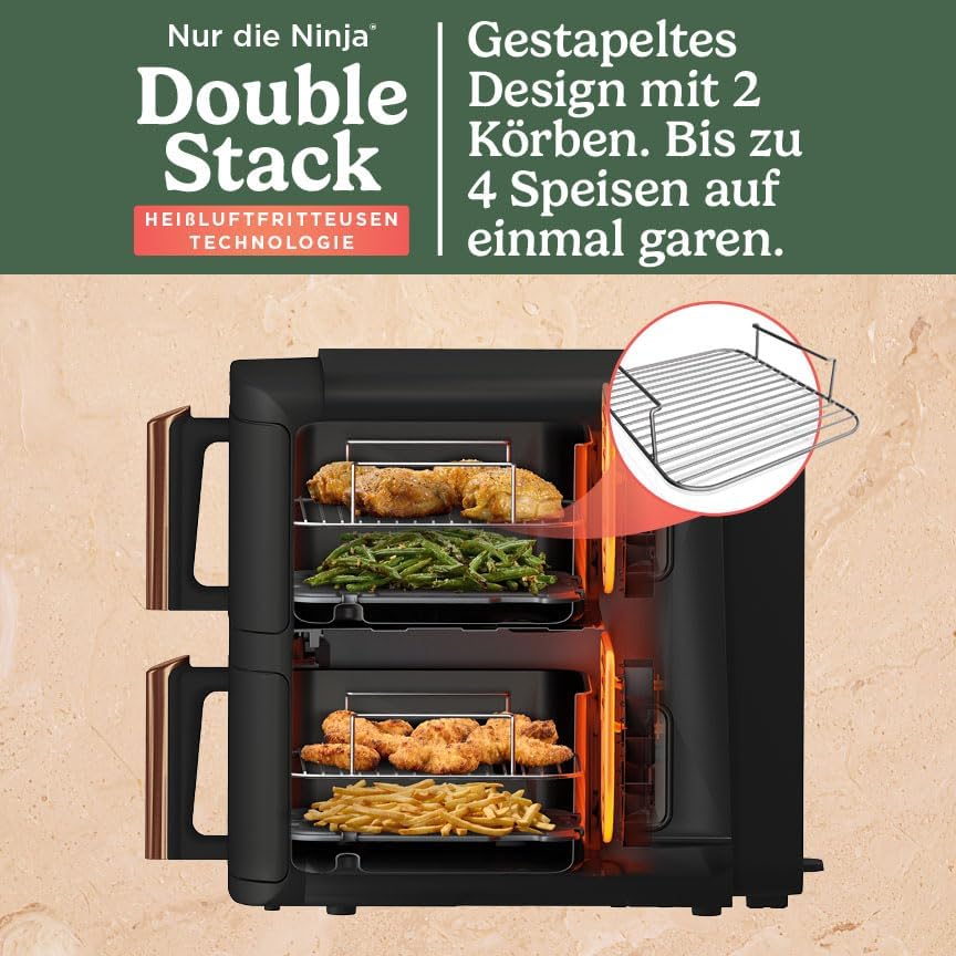 Ninja Heißluftfritteuse MAX PRO, 6,2 L, ölfrei, große Schublade, Rösten, Backen, Air Fry, Antihaftbeschichtet, Spülmaschinenfester Korb & Crisper Gittereinsatz, Silikonzange, Schwarz/Kupfer, AF180EUCP