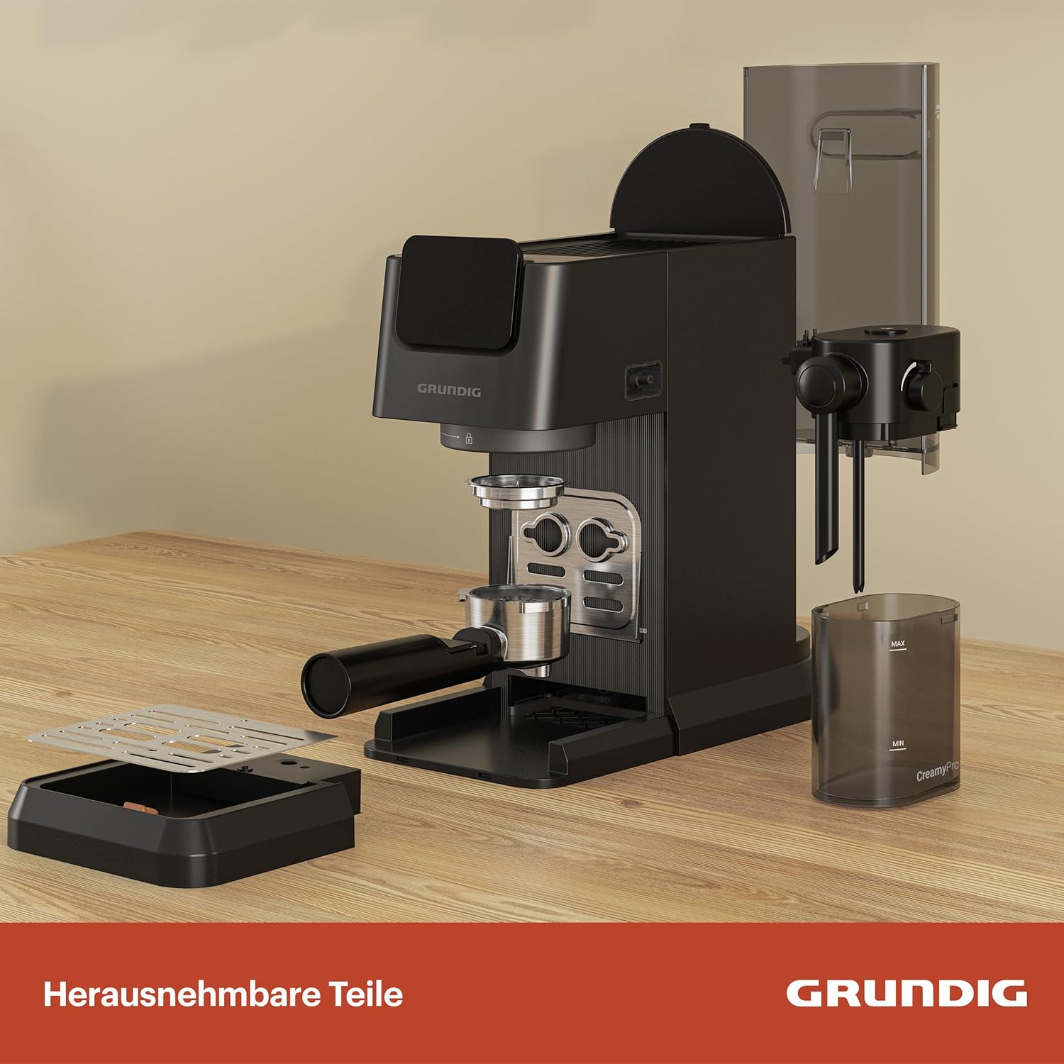 GRUNDIG KSM 5330 Siebträgermaschine mit integriertem Milchbehälter, 1628 W Leistung, 15 bar Pumpendruck, Zweifachdüse, farbiges Touch-Display, BrewSense, CreamyPro, Dark Inox/Schwarz