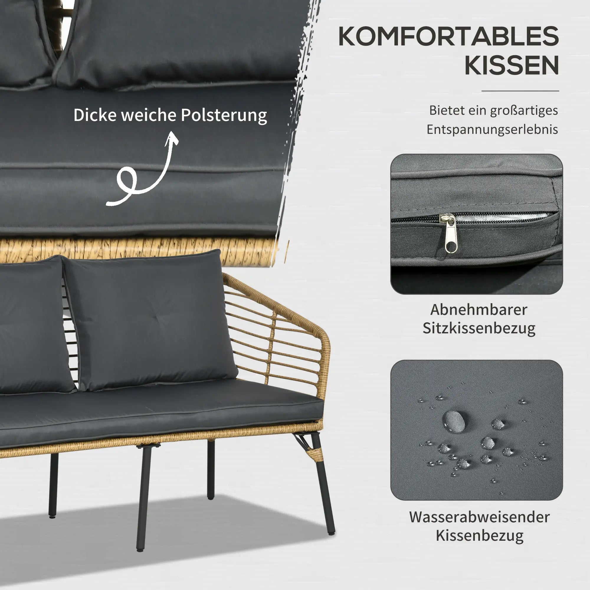 Outsunny Polyrattan Gartensofa-Set 4-tlg. Boho-Stil Glas-Couchtisch