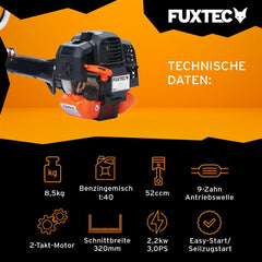 FUXTEC Profi Benzin Motorsense FX-PS162 – Profisense mit 62ccm, Faden und Komfort-Tragegurt – Rasentrimmer mit Antivibrationssystem – 2-Takt Freischneider Fadenspule
