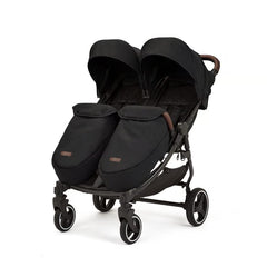 Ickle Bubba Venus Prime Doppelkinderwagen - geeignet von Geburt bis 15 kg (ca. 3 Jahre), leichter, faltbarer Zwillingskinderwagen mit Neugeborenenkokon, 2 Fußwärmern und Regenschutz (Schwarz)