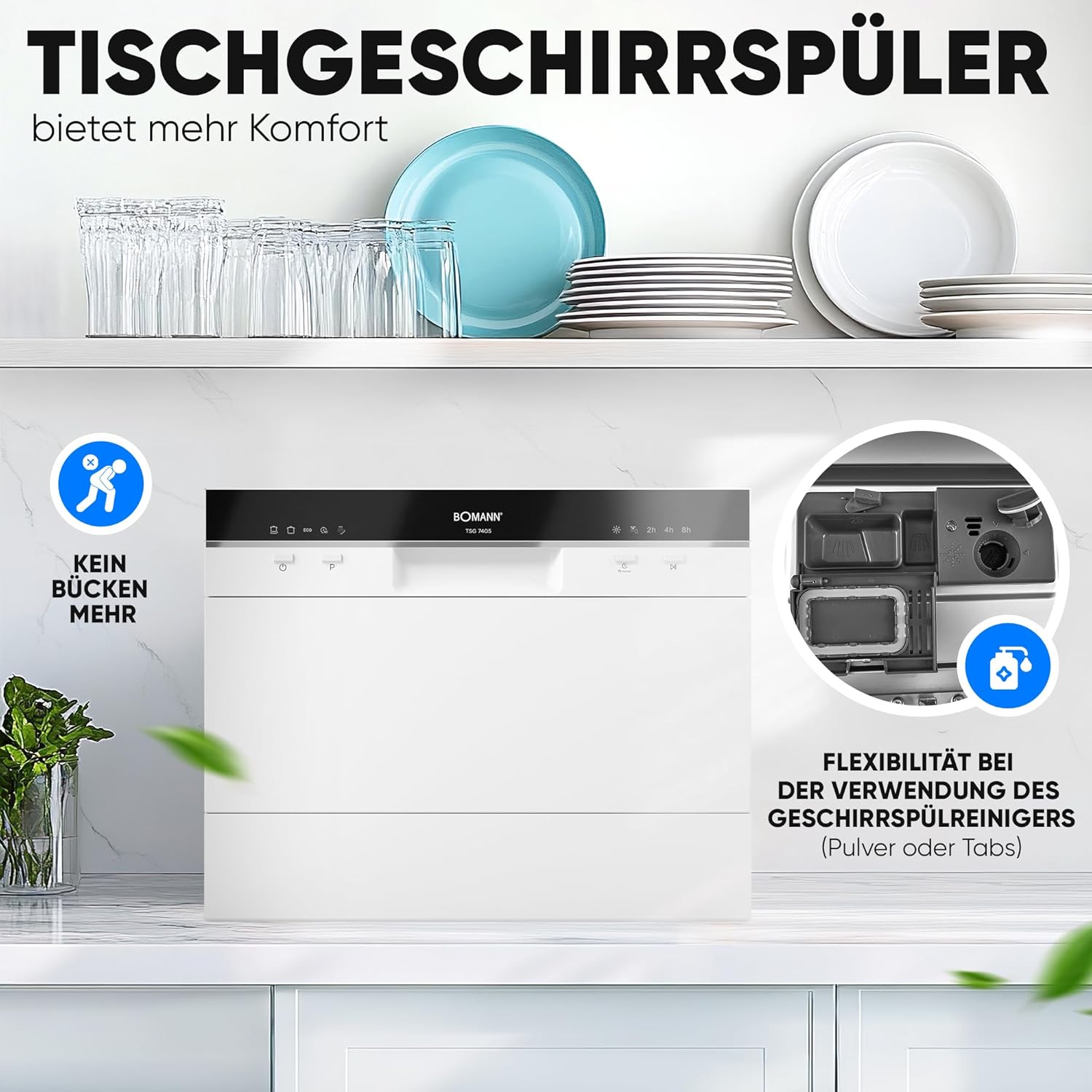 Bomann Mini Geschirrspüler mit Wasseranschluss | inkl. Schlauch | Tisch Geschirrspüler leise | Mini Spülmaschine für kleine Küchen/Camping | Spülmaschine klein m. Überlaufsicherung | TSG 7405 weiß
