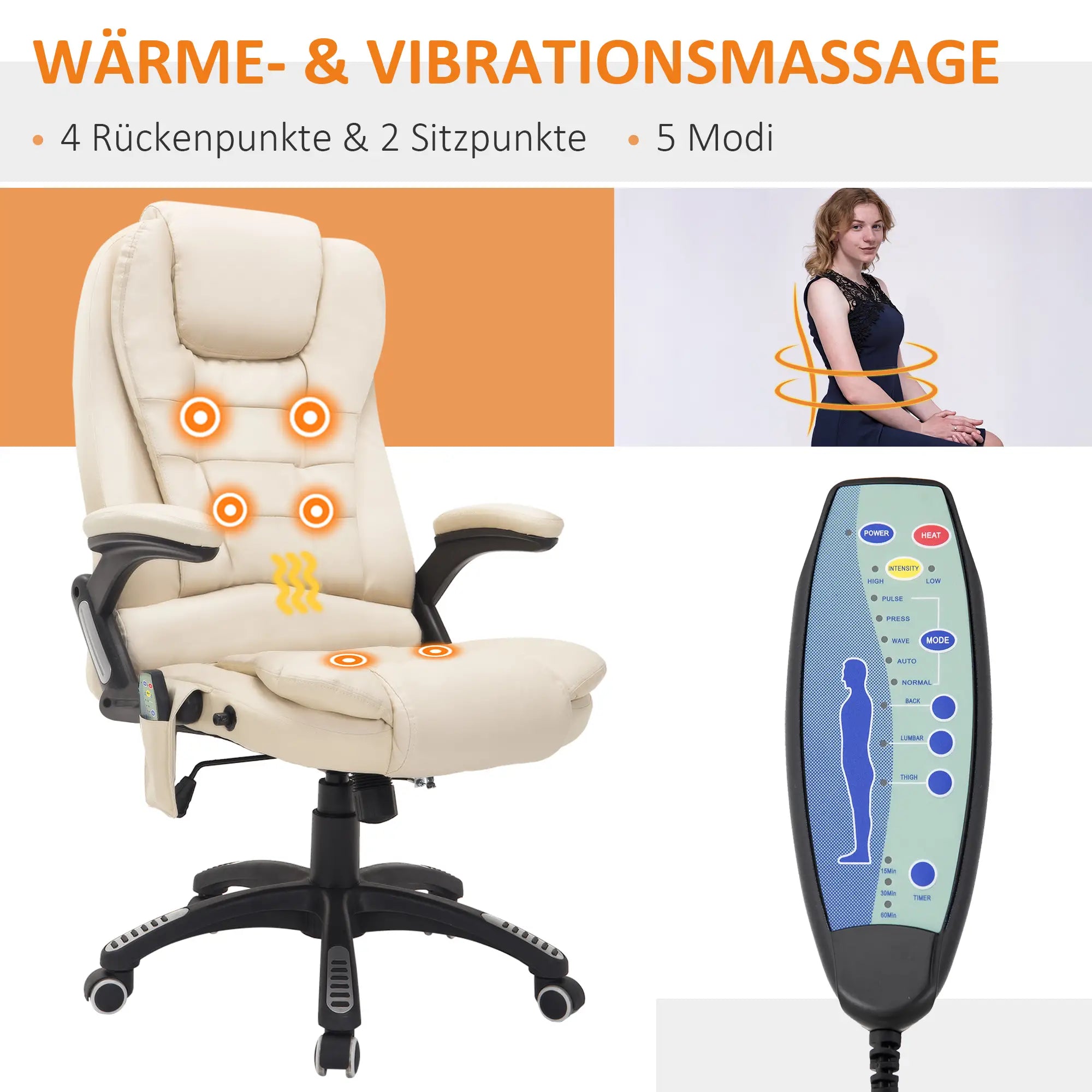 HOMCOM Bürostuhl Chefsessel Massagefunktion höhenverstellbar cremeweiß
