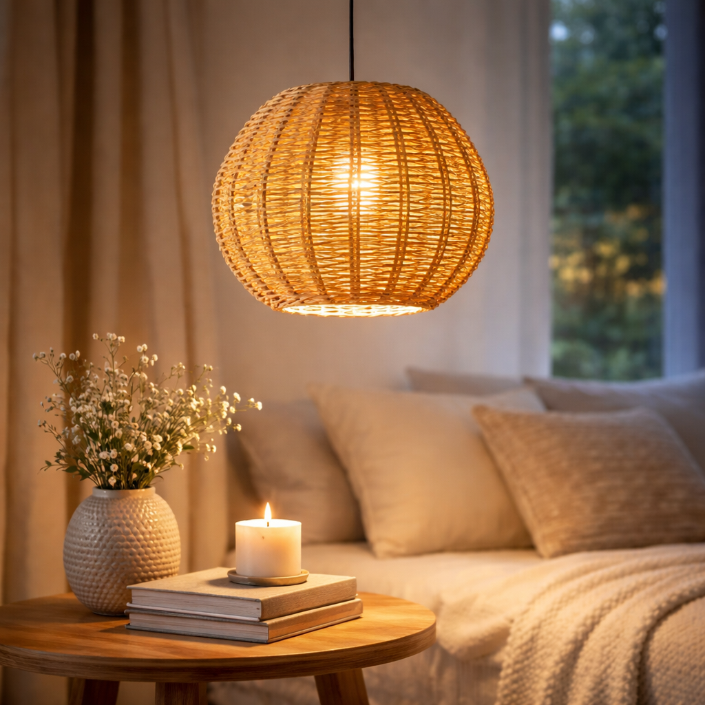 Rattan Pendant Lampshade – Handwoven Round Hanging Light Shade for Living Room & Bedroom