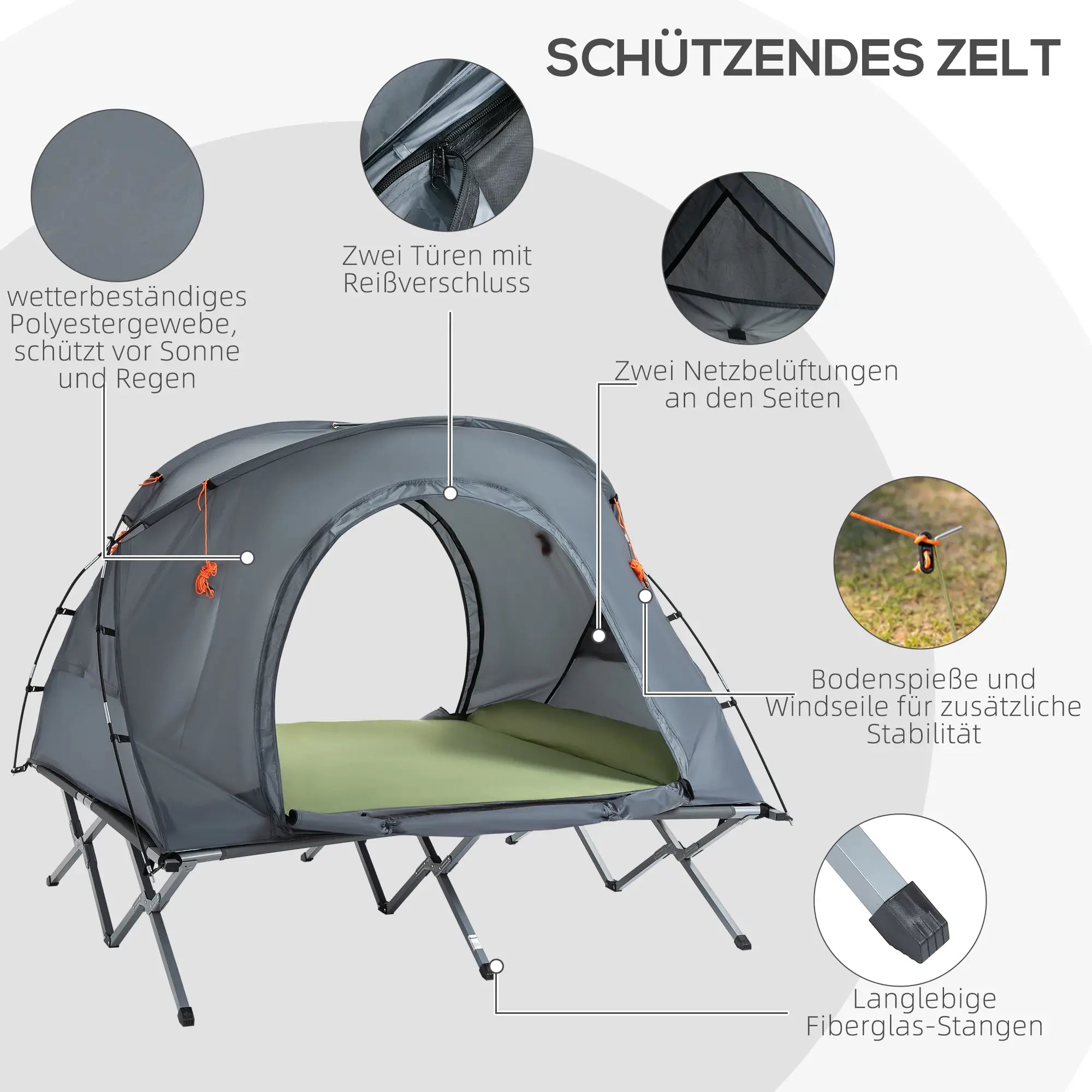 Outsunny Campingbett mit Zelt & Luftmatratze für 2 Personen, 200×146×159 cm, Grau