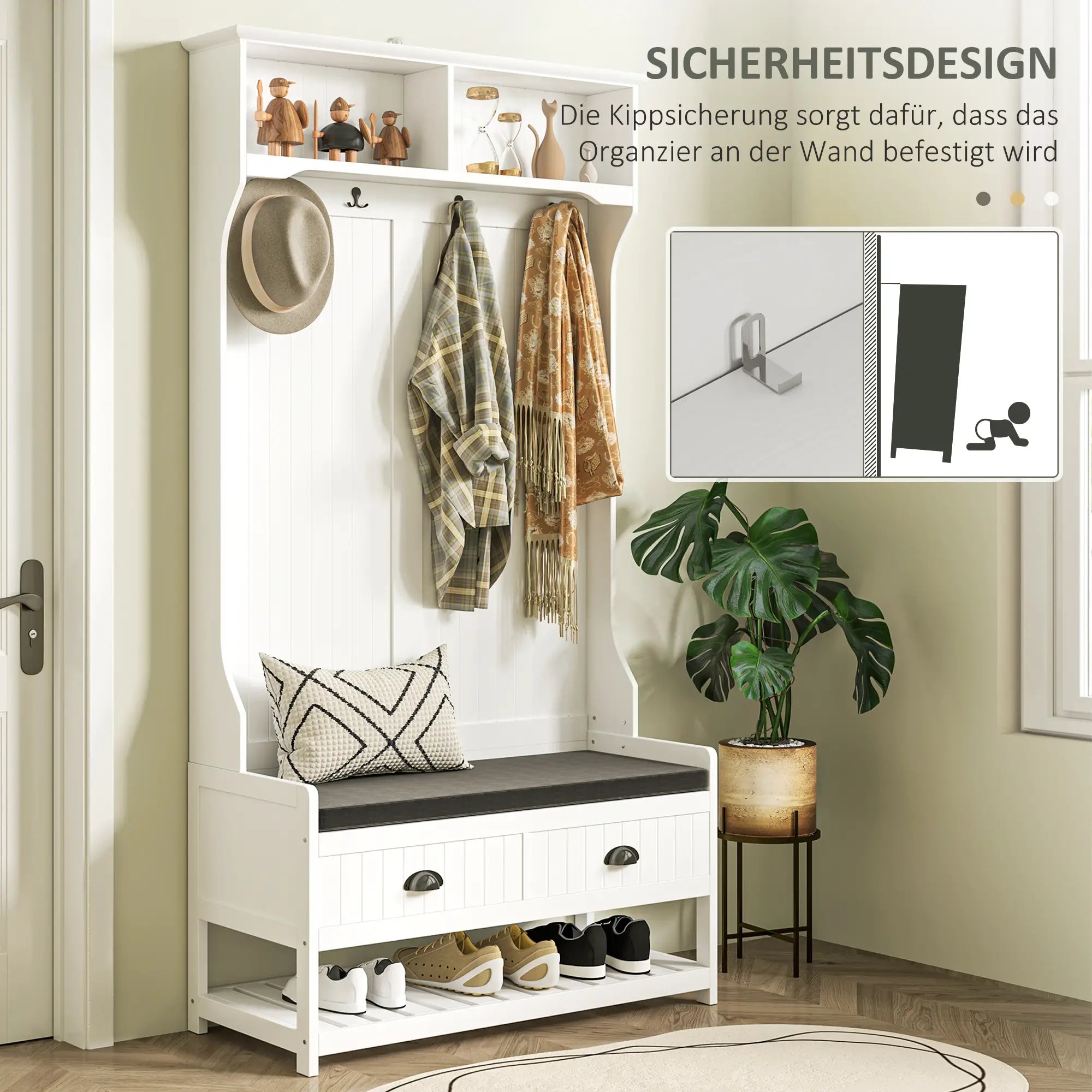 HOMCOM Garderobenständer Schuhbank All-in-1 Design Weiß