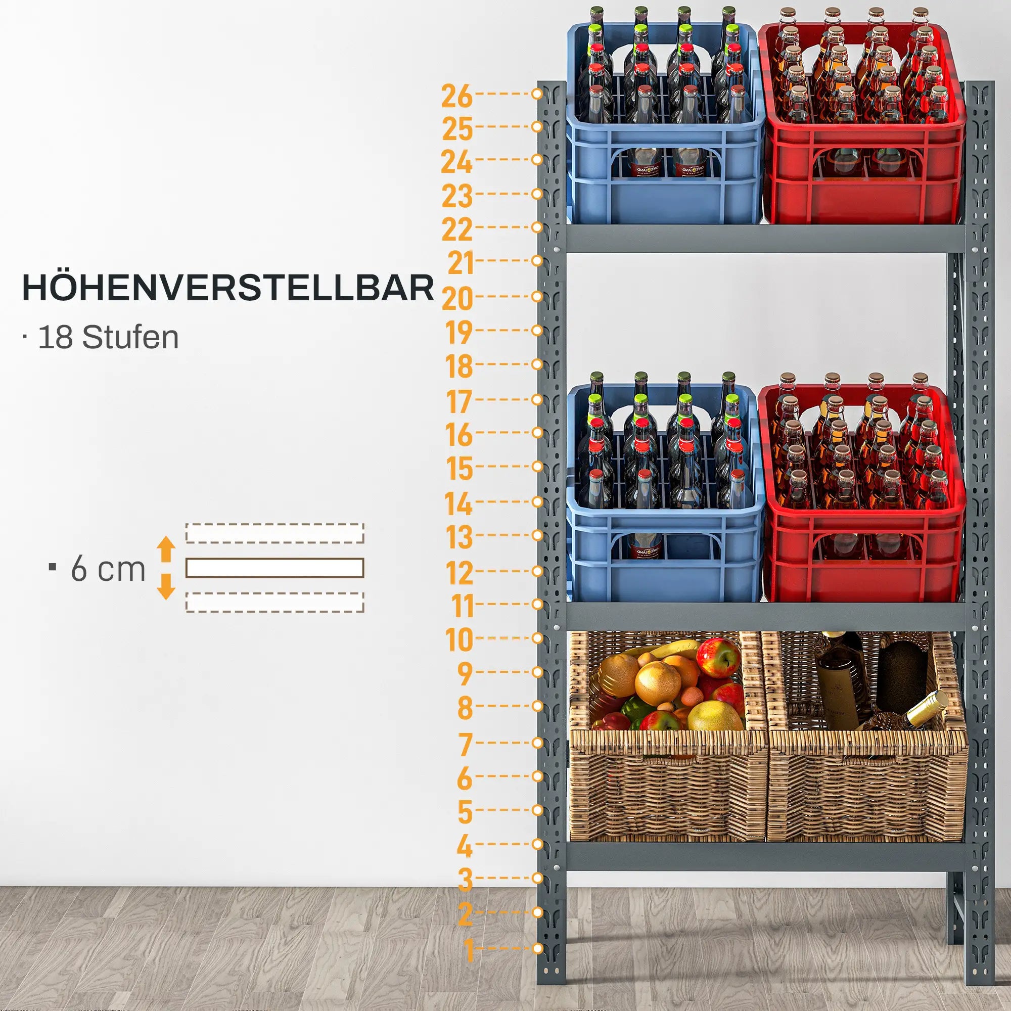 HOMCOM Getränkekistenregal für 6 Kisten – Stahl, 3 Ebenen, Grau