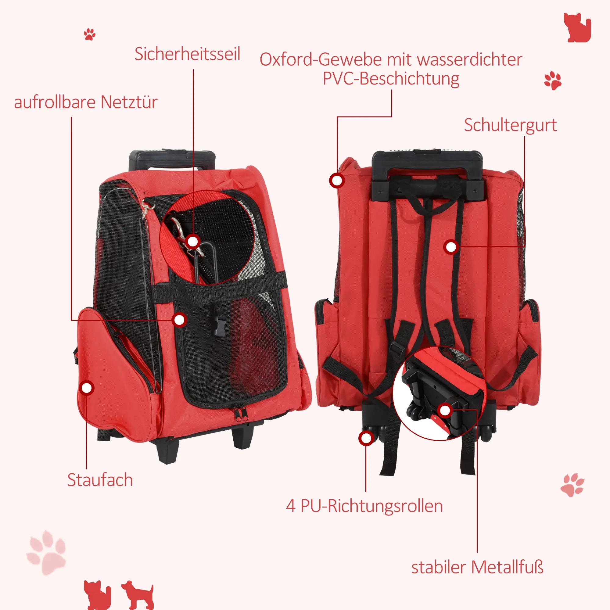 PawHut Hundetrolley Tragetasche 2in1 Rucksack mit Rollen höhenverstellbar