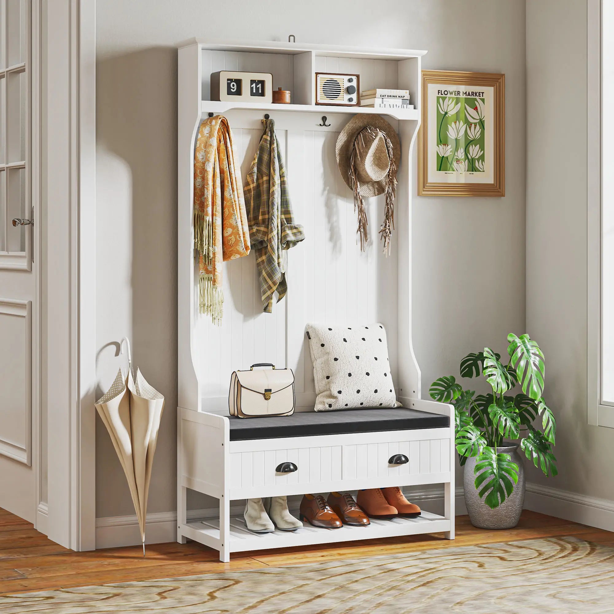 HOMCOM Garderobenständer Schuhbank All-in-1 Design Weiß