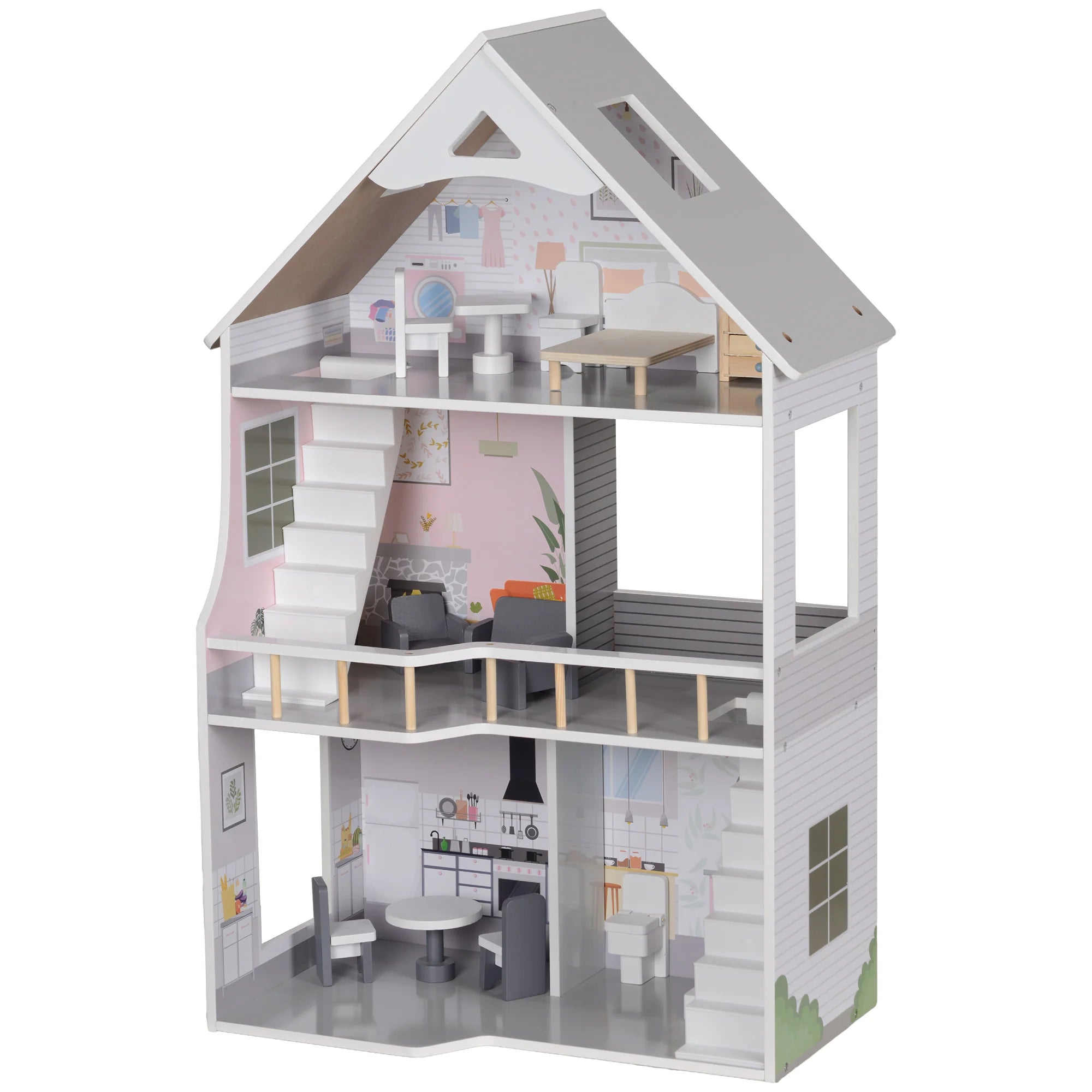 AIYAPLAY Puppenhaus Holz 3-stöckig mit 13 Möbeln offenes Spiel