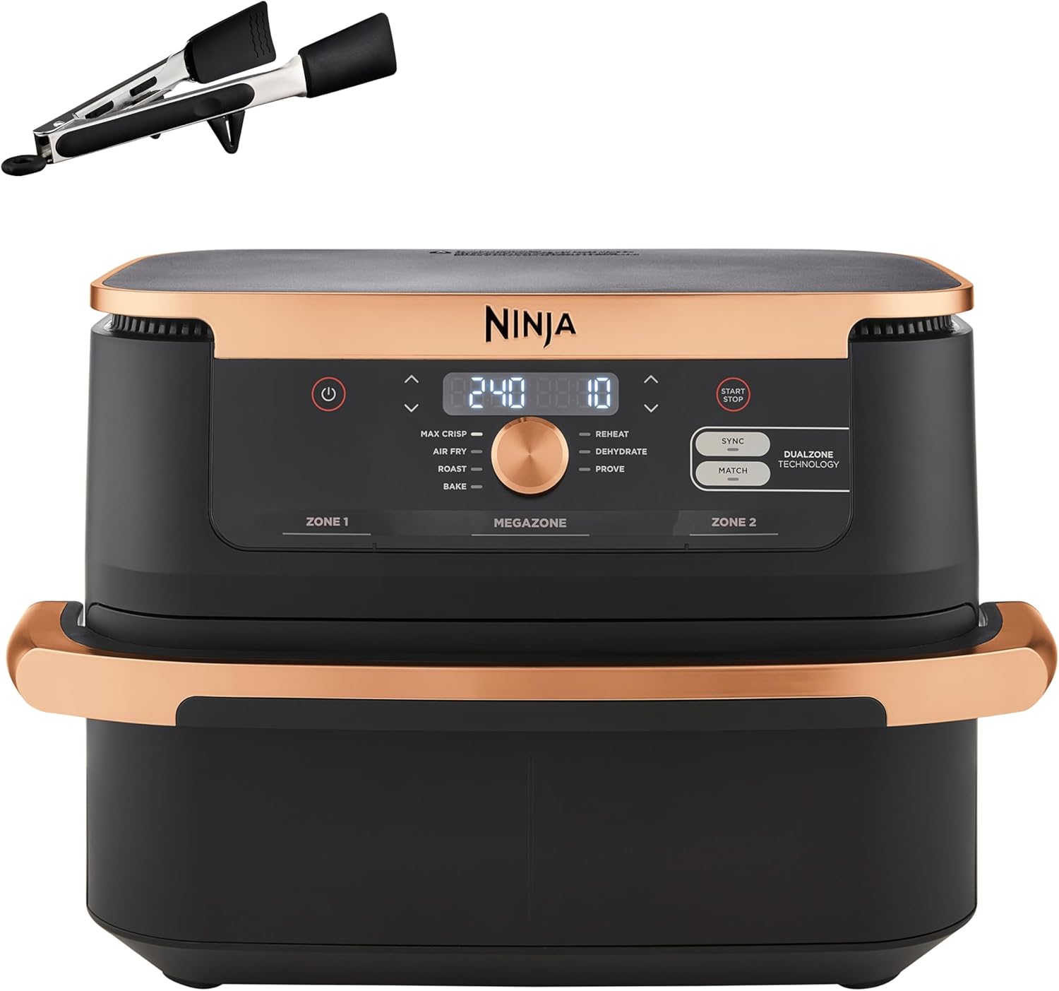 Ninja Heißluftfritteuse MAX PRO, 6,2 L, ölfrei, große Schublade, Rösten, Backen, Air Fry, Antihaftbeschichtet, Spülmaschinenfester Korb & Crisper Gittereinsatz, Silikonzange, Schwarz/Kupfer, AF180EUCP