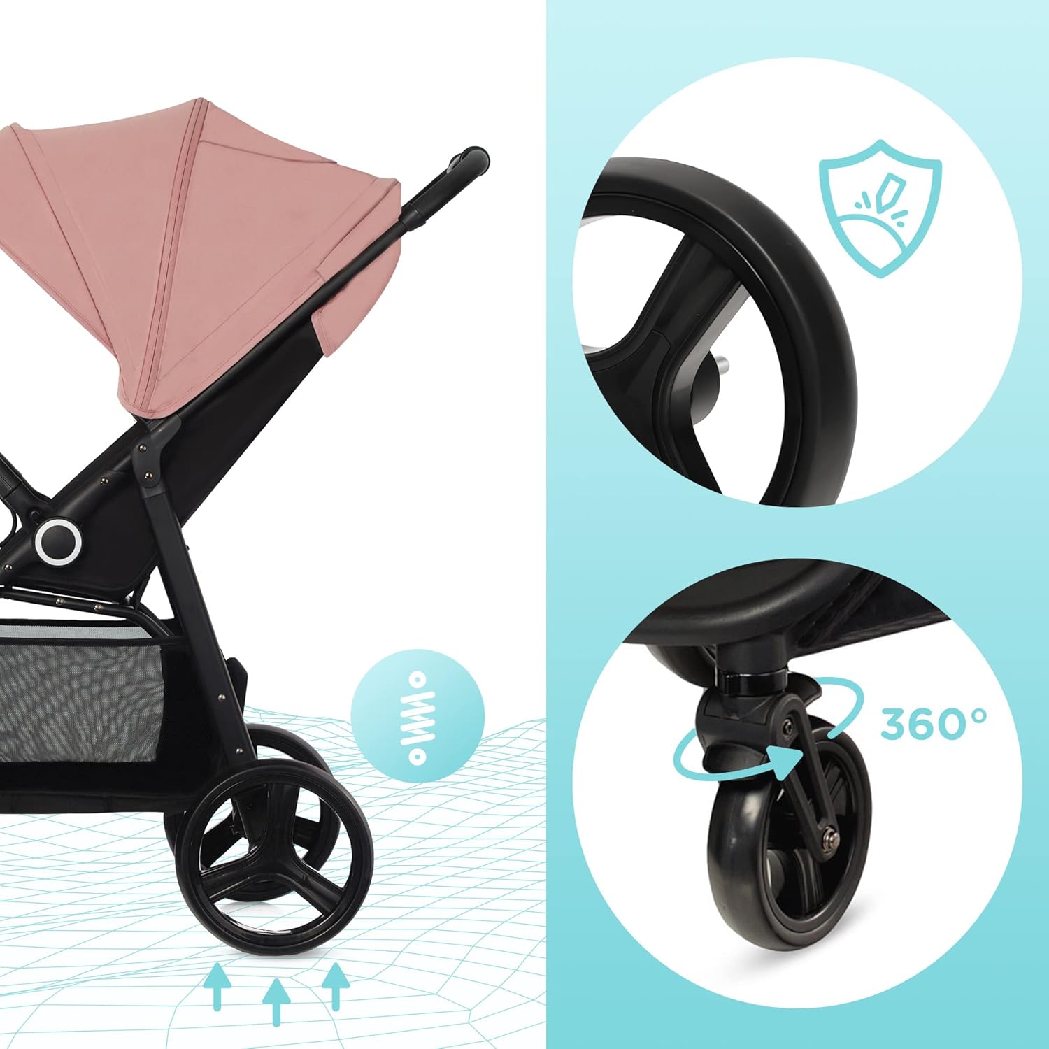 Kinderkraft GRANDE PLUS Kinderkraft buggy von Geburt bis 22 kg, Zusammenklappen mit einer Hand, Liegeposition, großes Verdeck mit Fenster, alle 4 Räder gedämpft, geräumige Sitz, Grau